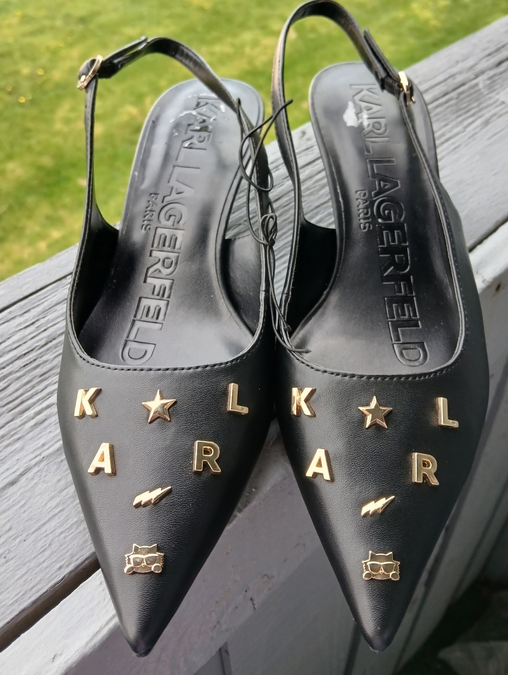 Karl Lagerfeld Paris Black Pointed Slingback Heels With Gold Logo Studs Size 7.5